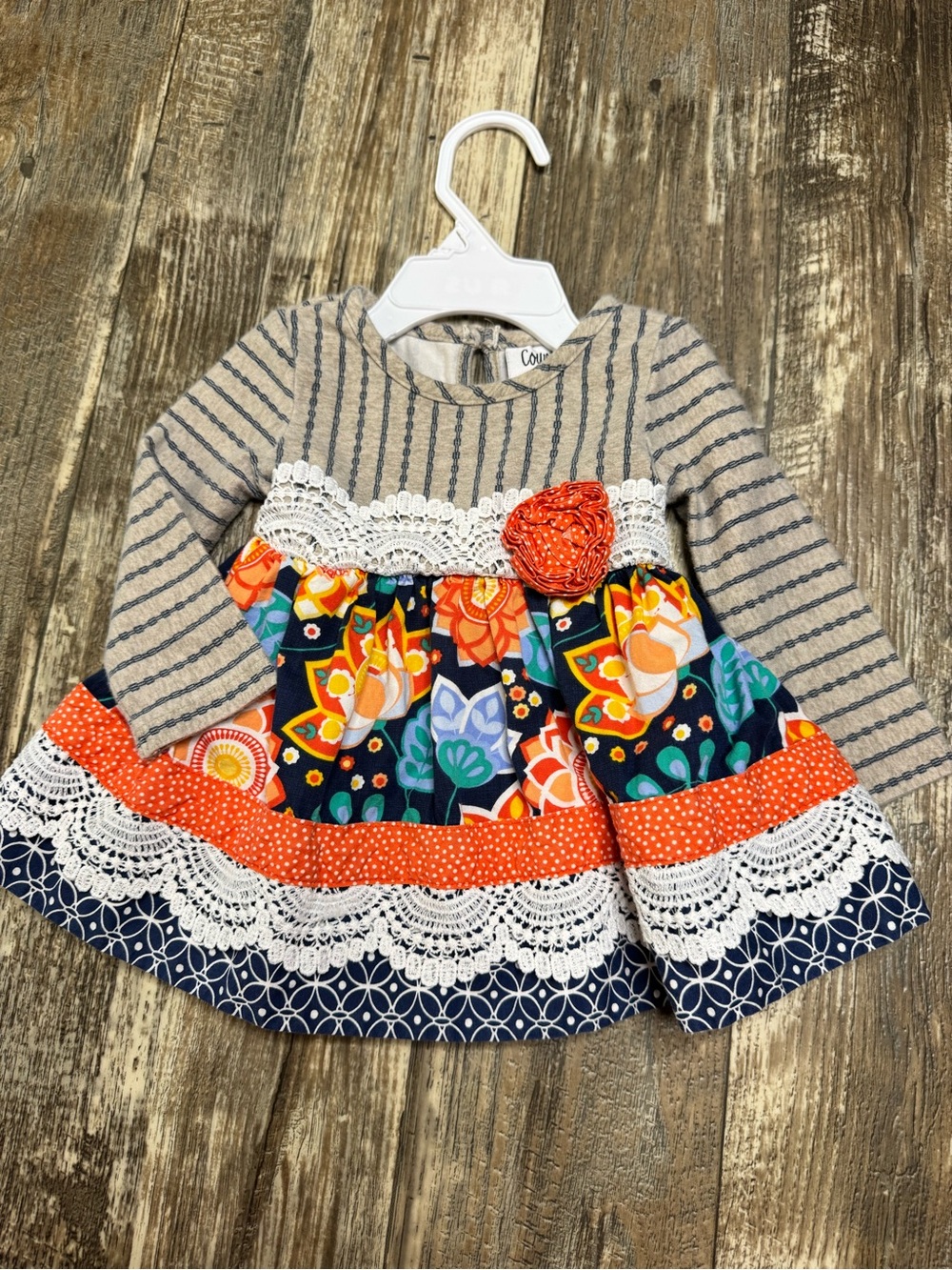 Striped & Floral Lace Trim Long-Sleeve Dress with Orange Rosette